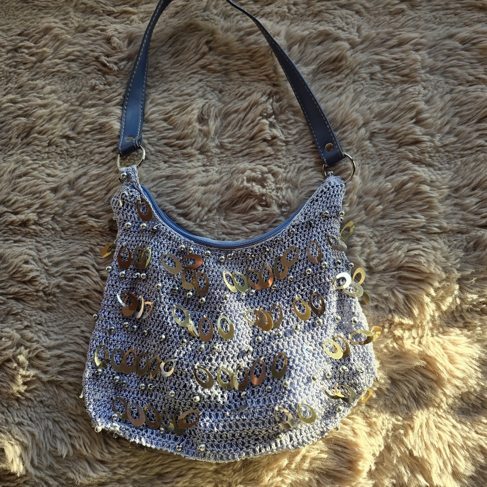 Stylish Sequin Shoulder Bag - Silver and baby blue